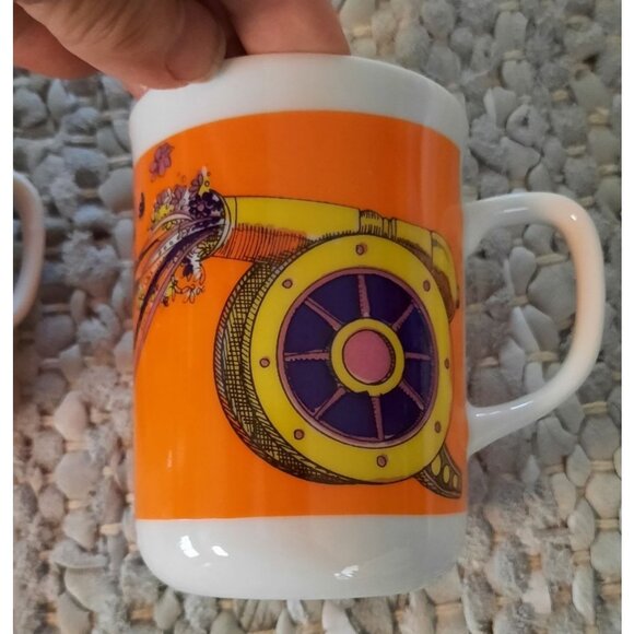 Vintage Japanese Ceramic Coffee Mug Set - Vibrant‎ Orange & Floral Design - Picture 3 of 8